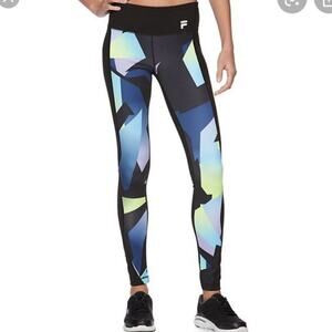 Fila Performance Geometric Print Black Green Running Tights Leggings W-472 Sz M